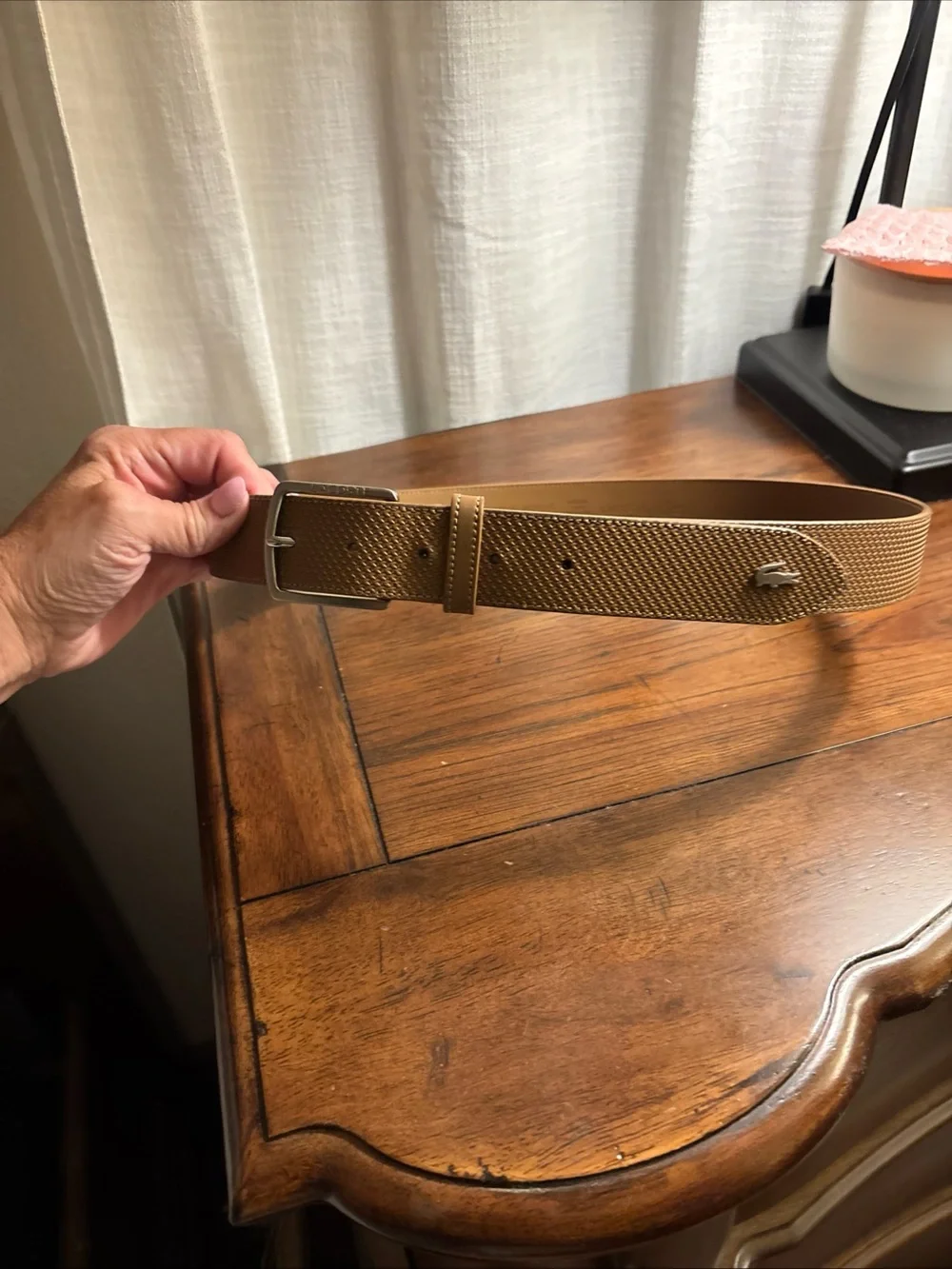 Tan Lacoste belt with textured weave pattern size 36